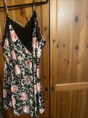 Floral Satin Slip Dress with Black Lace Trim